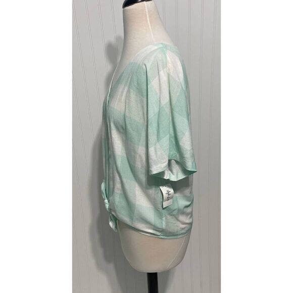Style & Co. Gingham Tie Front Short Sleeve Button Up Linen Top Mint White Medium - Picture 7 of 12
